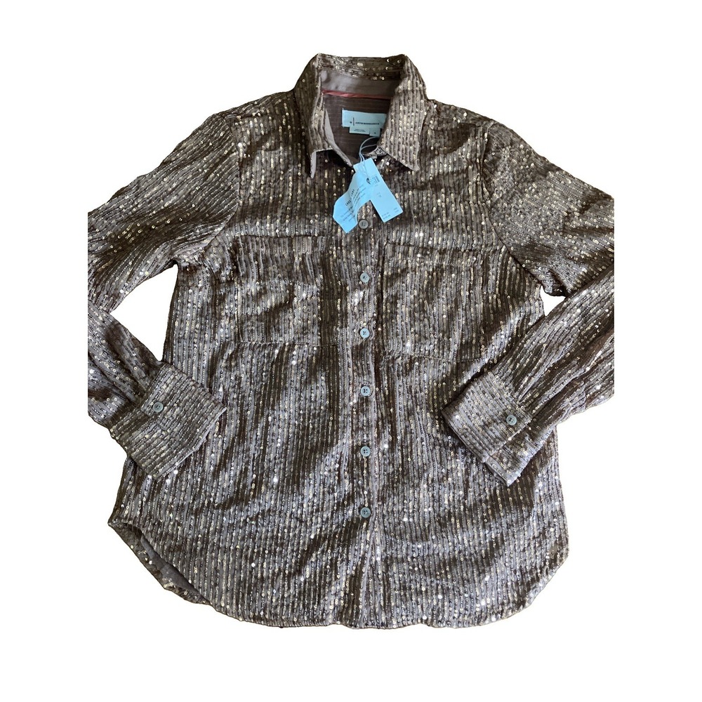 New Anthropologie Copper Sequin Collared Long Sleeve Button-Up Blouse Size M NWT